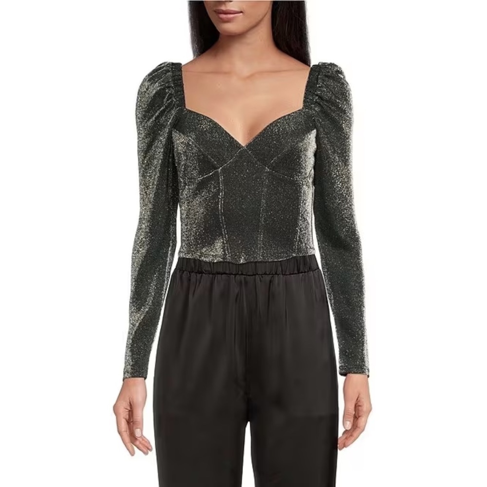 NWT Gianni Bini Andie Novelty Metallic Sweetheart Neck Long Sleeve Top in Silver